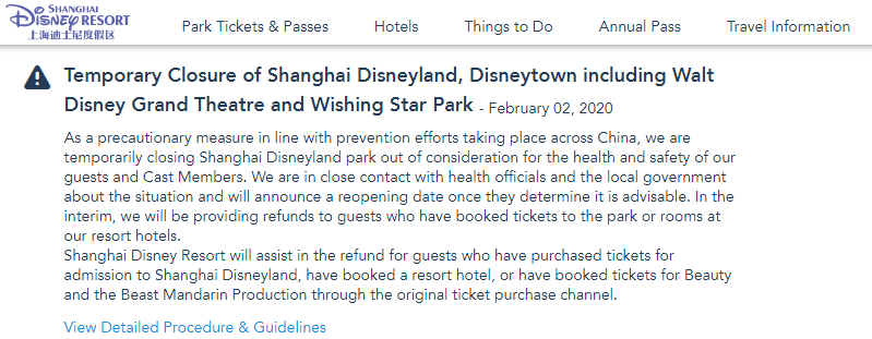 Disneyland Shanghai coronavirus closure statement